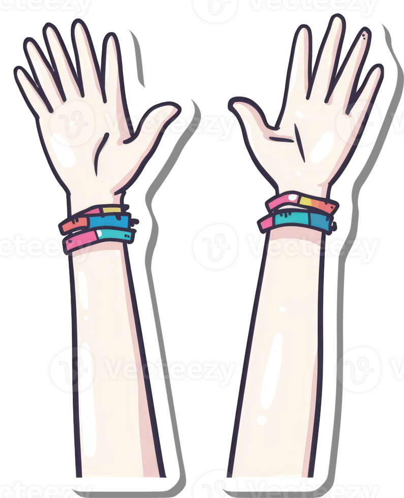 Two Arms Raised High Showing Colorful Bracelets png