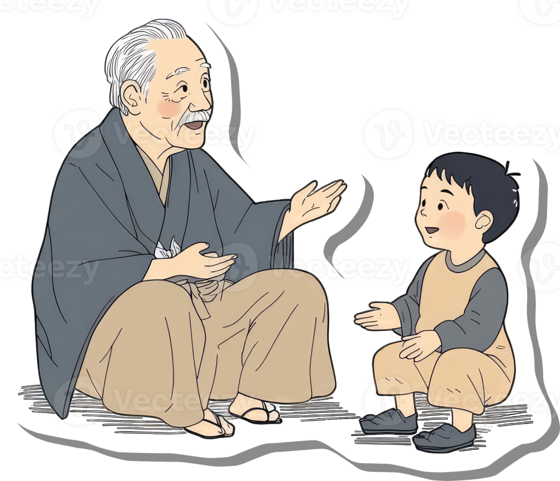 Elderly Man and Child Engaging in Conversation png