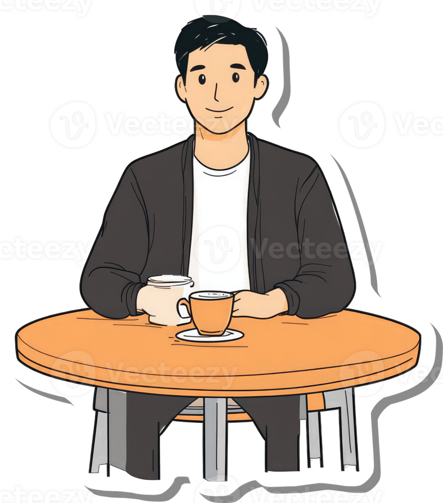 A young man enjoys coffee at a small round table png