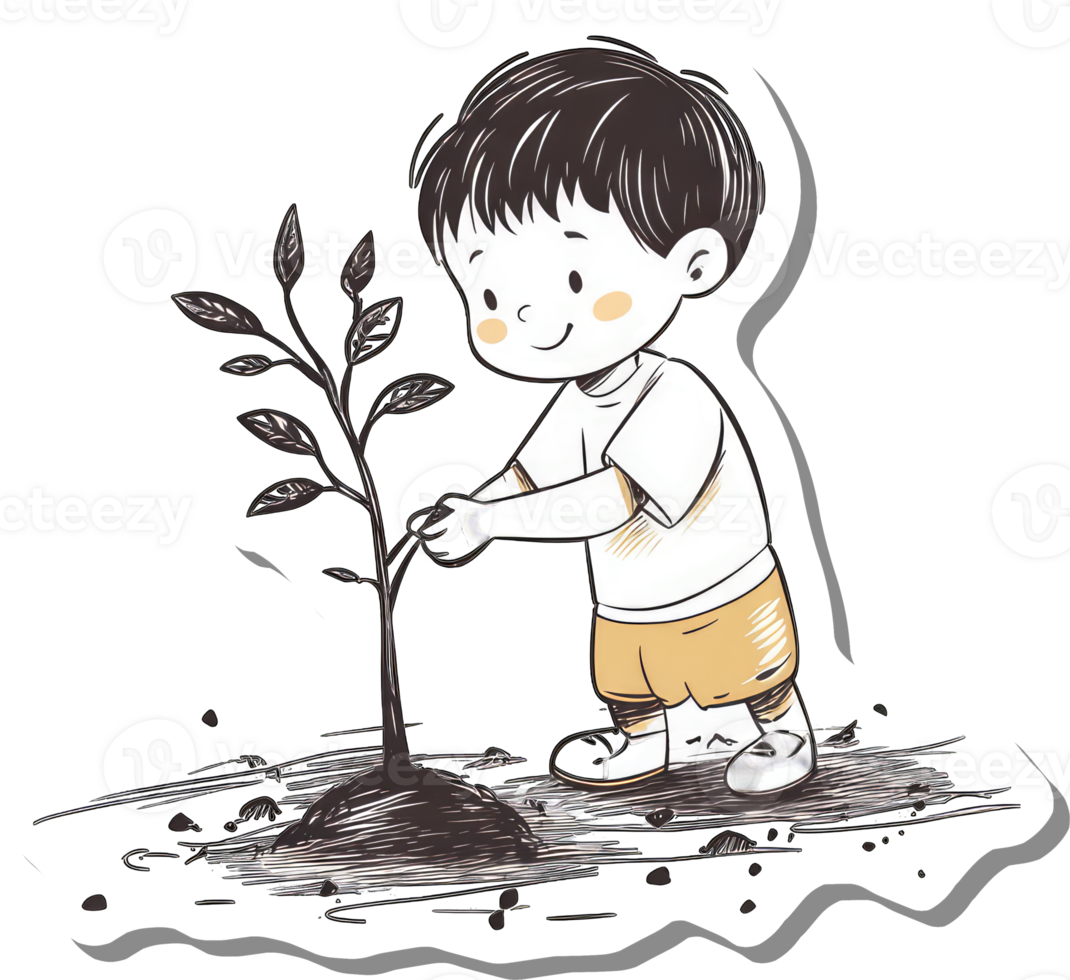 Young Boy Carefully Plants a Small Sapling in the Ground png