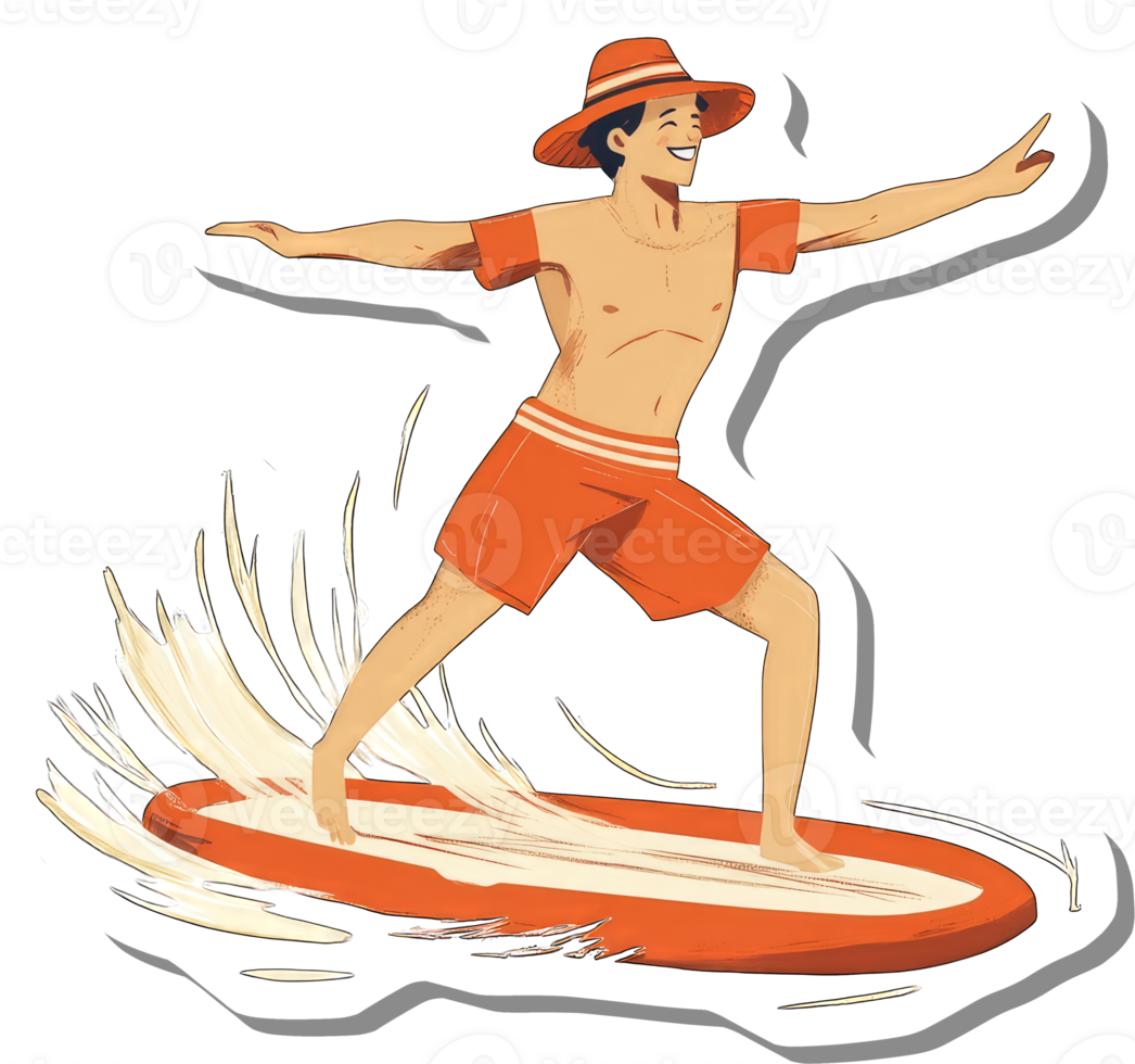 Happy Surfer Riding Orange Surfboard On Waves png