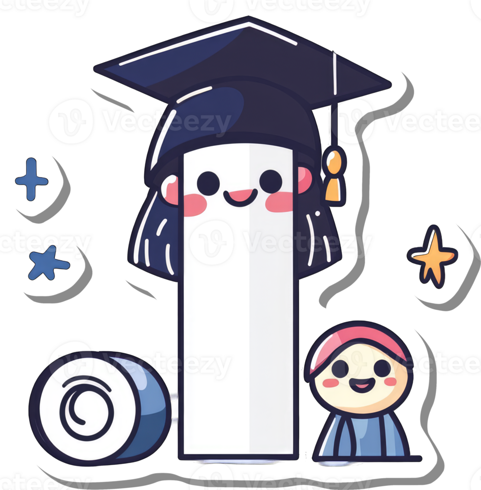 A happy graduate character with a small friend and school supplies png