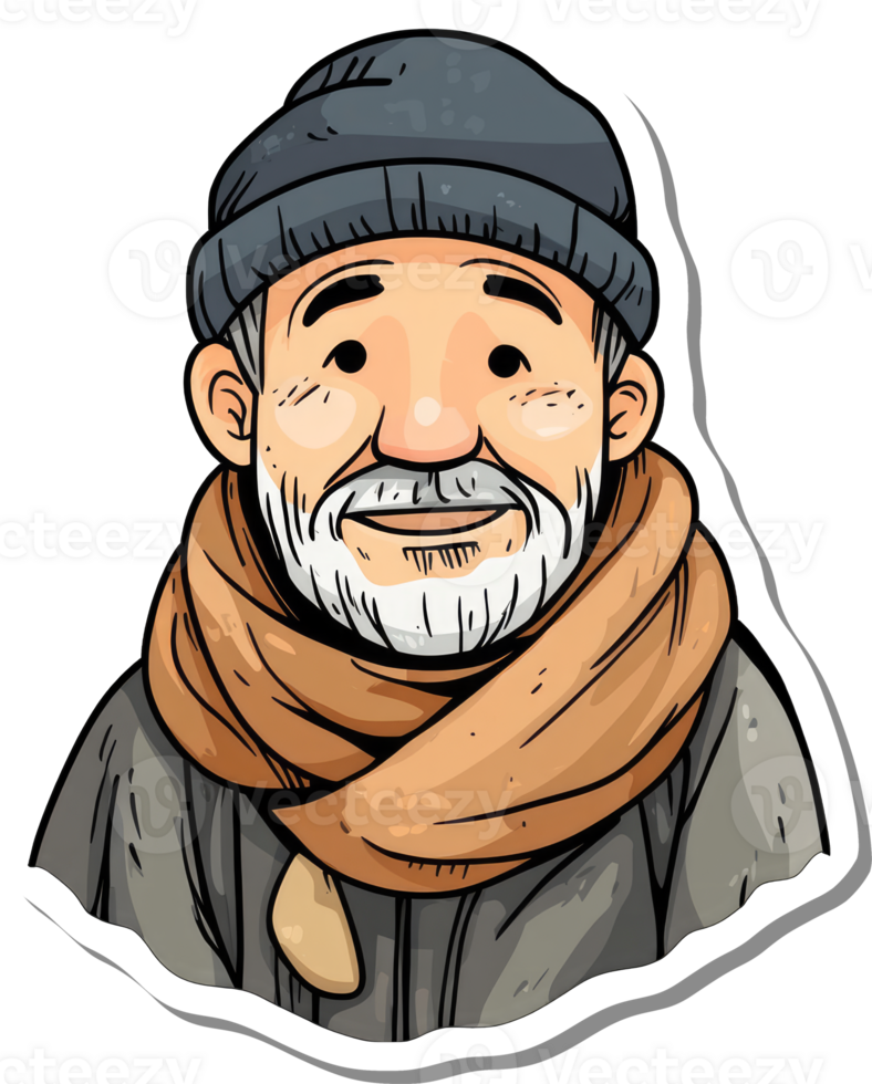 A smiling elderly man wearing a hat and scarf png