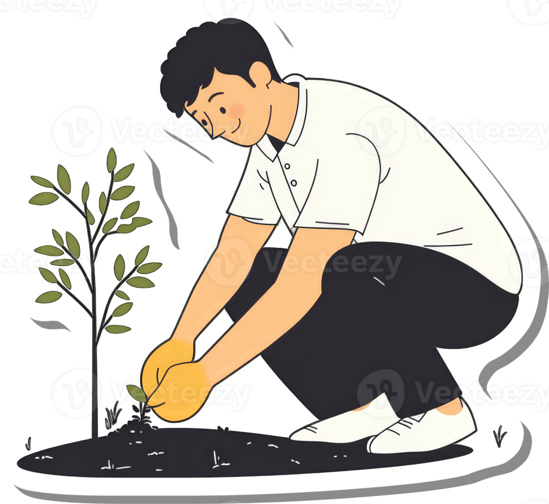 A Young Man Carefully Plants a Small Tree Sapling png