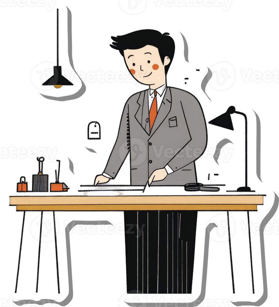 Man in Suit Working at a Desk with Tools png