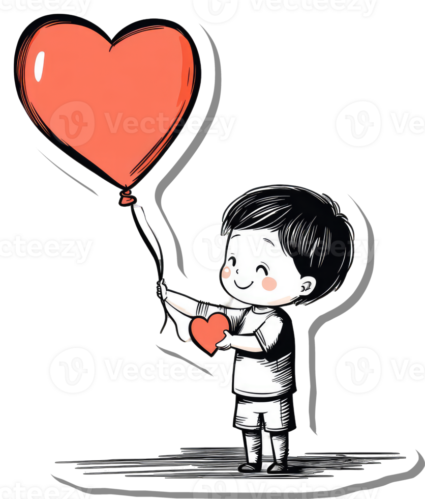 Happy Child Holding Heart Balloon and Small Heart png