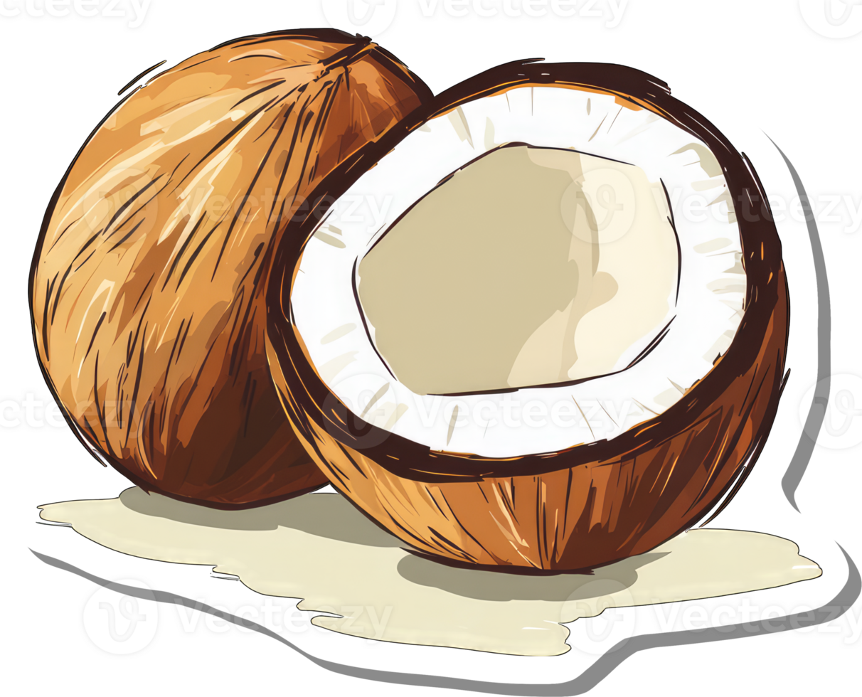 Whole Coconut and Halved Coconut Showing White Interior png