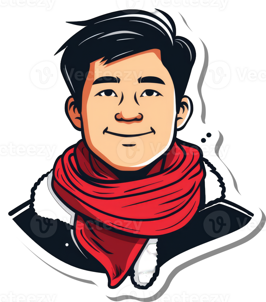 Smiling Asian Man Wearing Red Scarf and Jacket png