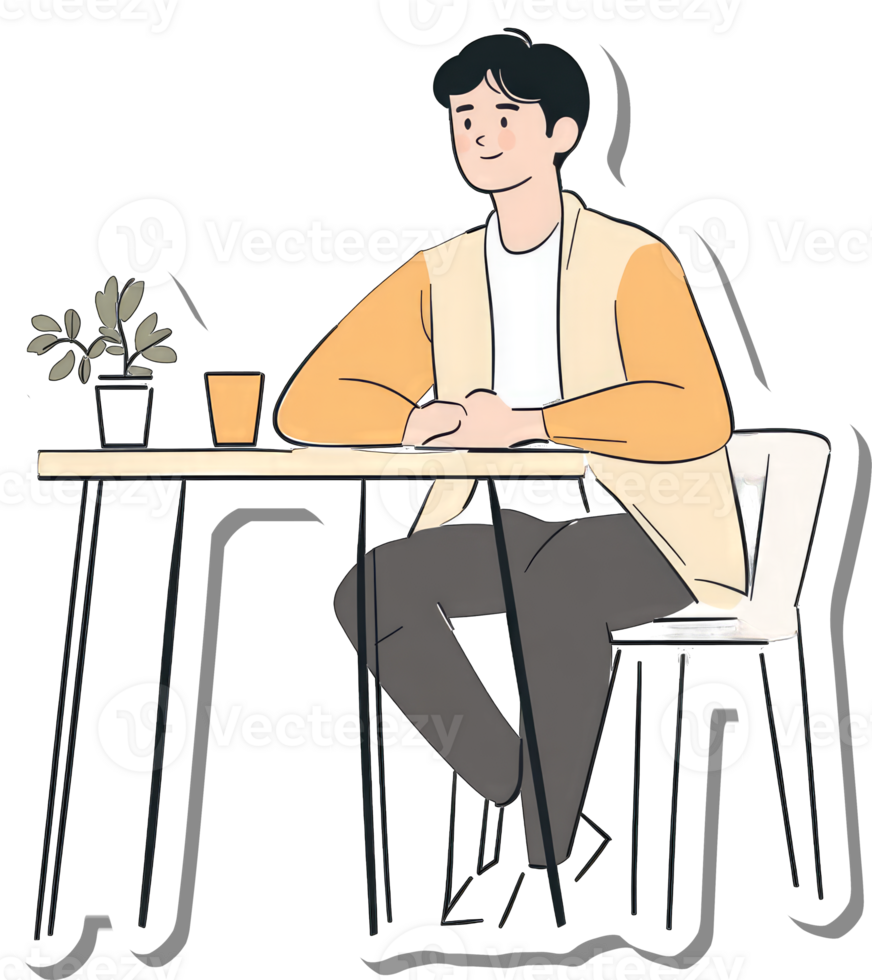 Young Man Sitting at a Table with a Plant png
