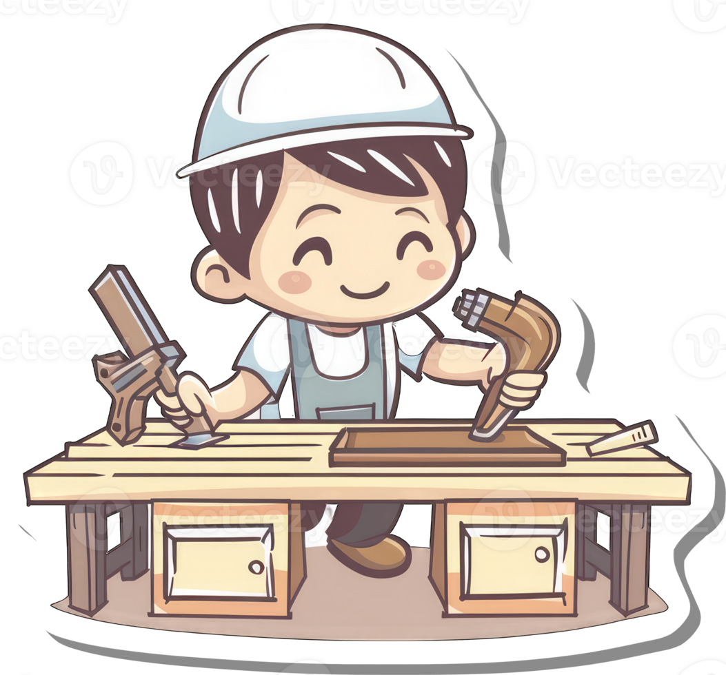 Happy Carpenter Working on Wooden Project in Workshop png