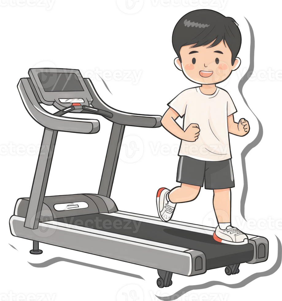 Boy Running on a Modern Treadmill Exercising Indoors png