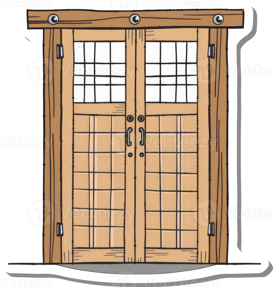 Wooden Double Doors With Gridded Panels And Lintel png