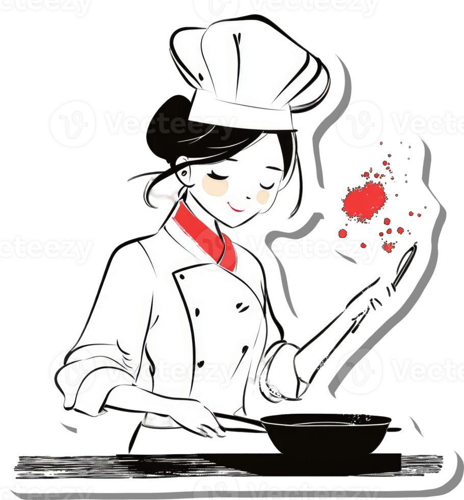 Female Chef Cooking in a Pan with Red Sauce png