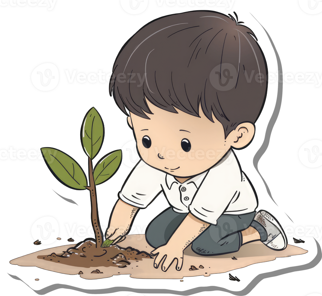 Young Boy Planting a Small Sapling Carefully png