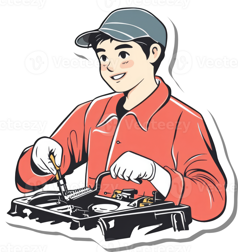 A Happy Mechanic Repairs a Car Engine Carefully png