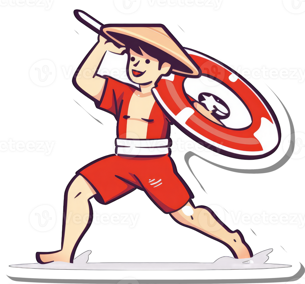 Asian Boy Carrying Life Preserver in Red Shorts png