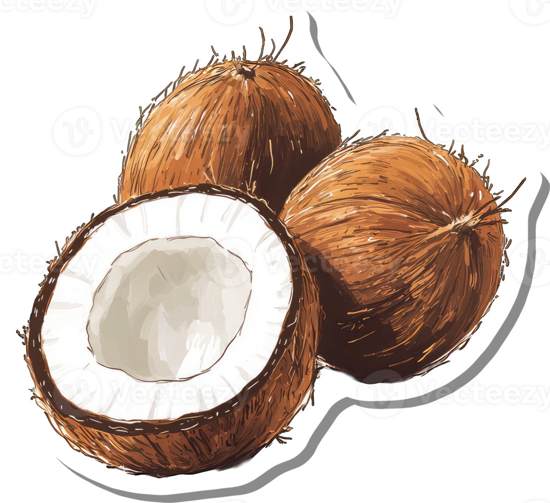 Three Delicious Coconuts One Cut Open Showing White Flesh png
