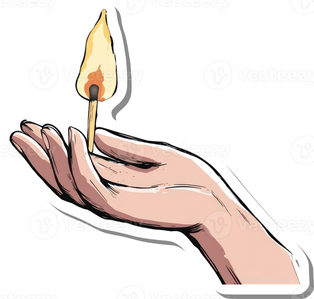 A hand gently holds a lit matchstick png