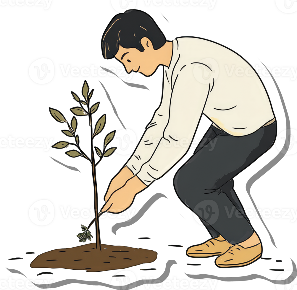 A Man Carefully Plants A Young Sapling In The Ground png