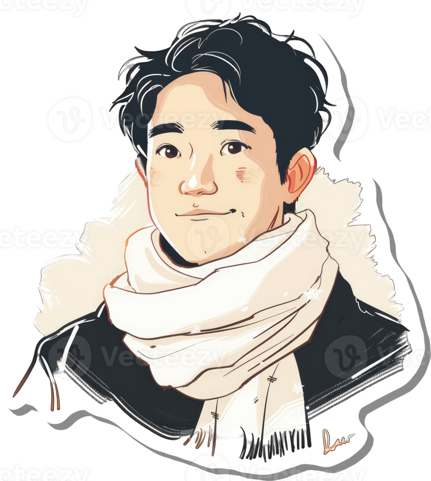 A stylized portrait of a young man wearing a scarf png