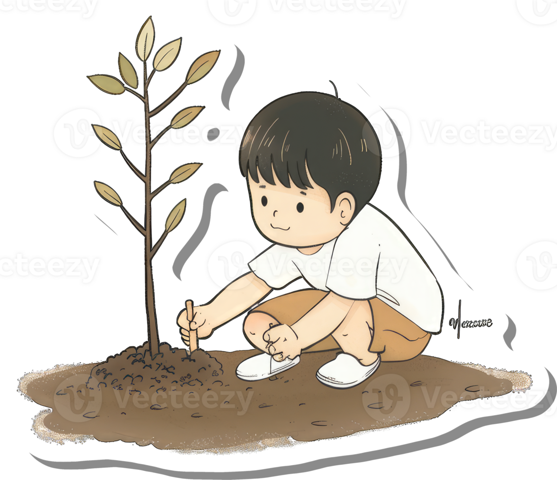 A young boy plants a small tree sapling in the ground png