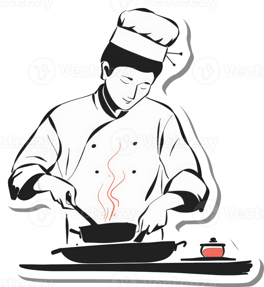 Chef skillfully prepares delicious Asian cuisine in a pan png