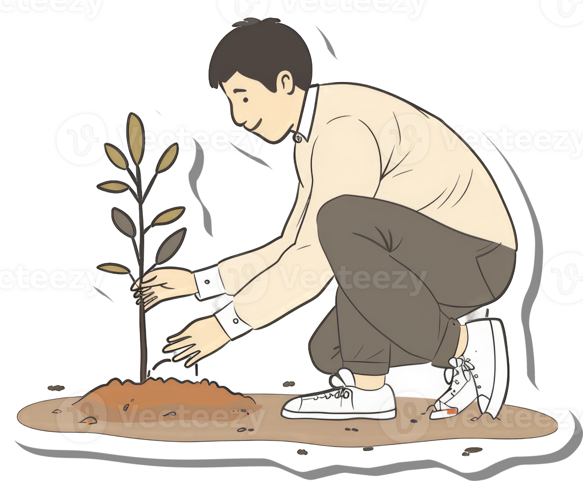 A young man carefully plants a small sapling in the earth png