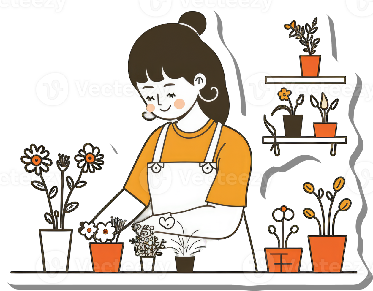 A Woman Tending To Her Indoor Potted Plants png