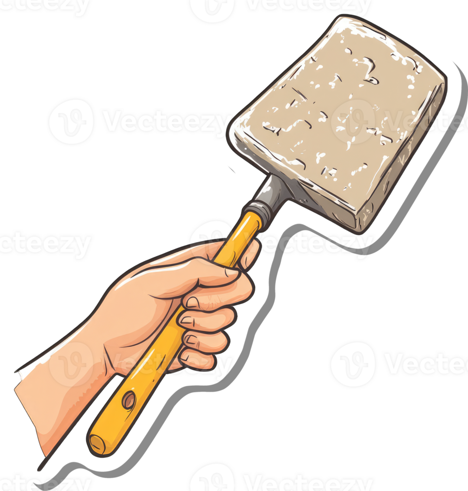 A hand holds a cleaning sponge on a yellow handle png