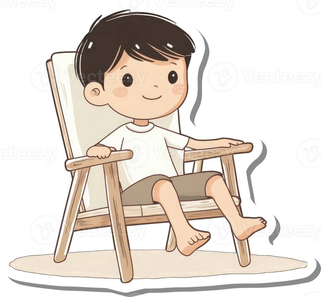 Boy Sitting Comfortably in Wooden Chair on Beach png