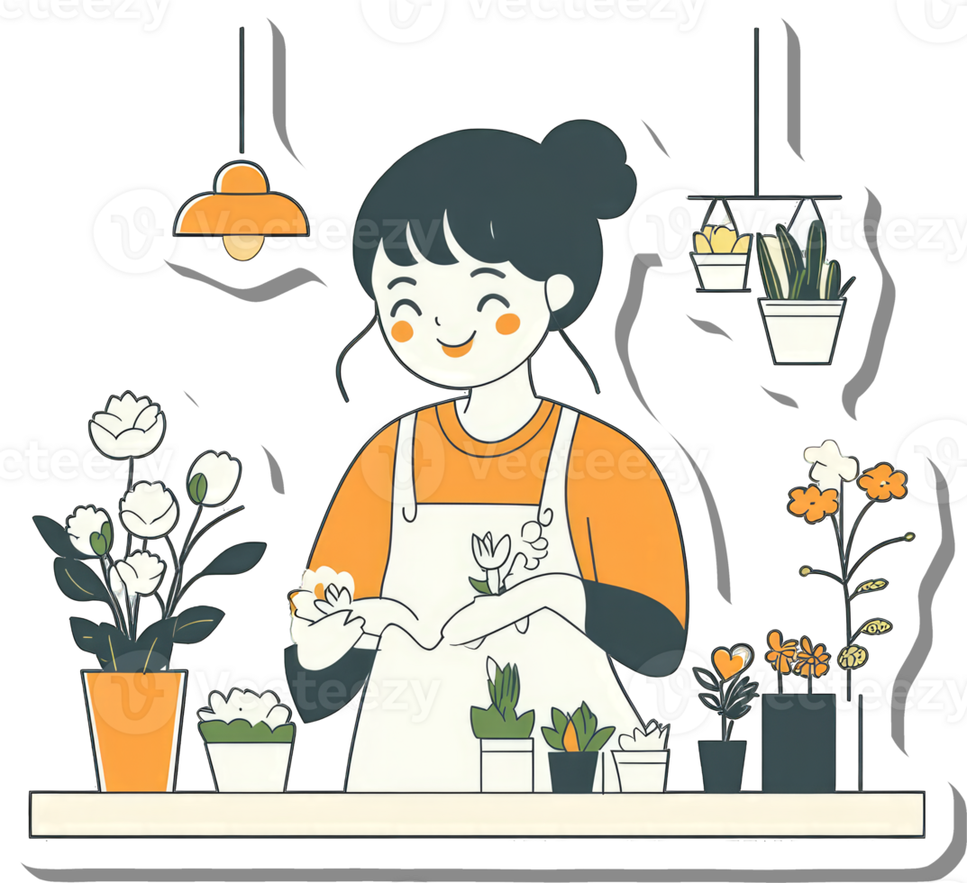 Happy Woman Tending Her Lovely Indoor Plant Collection png