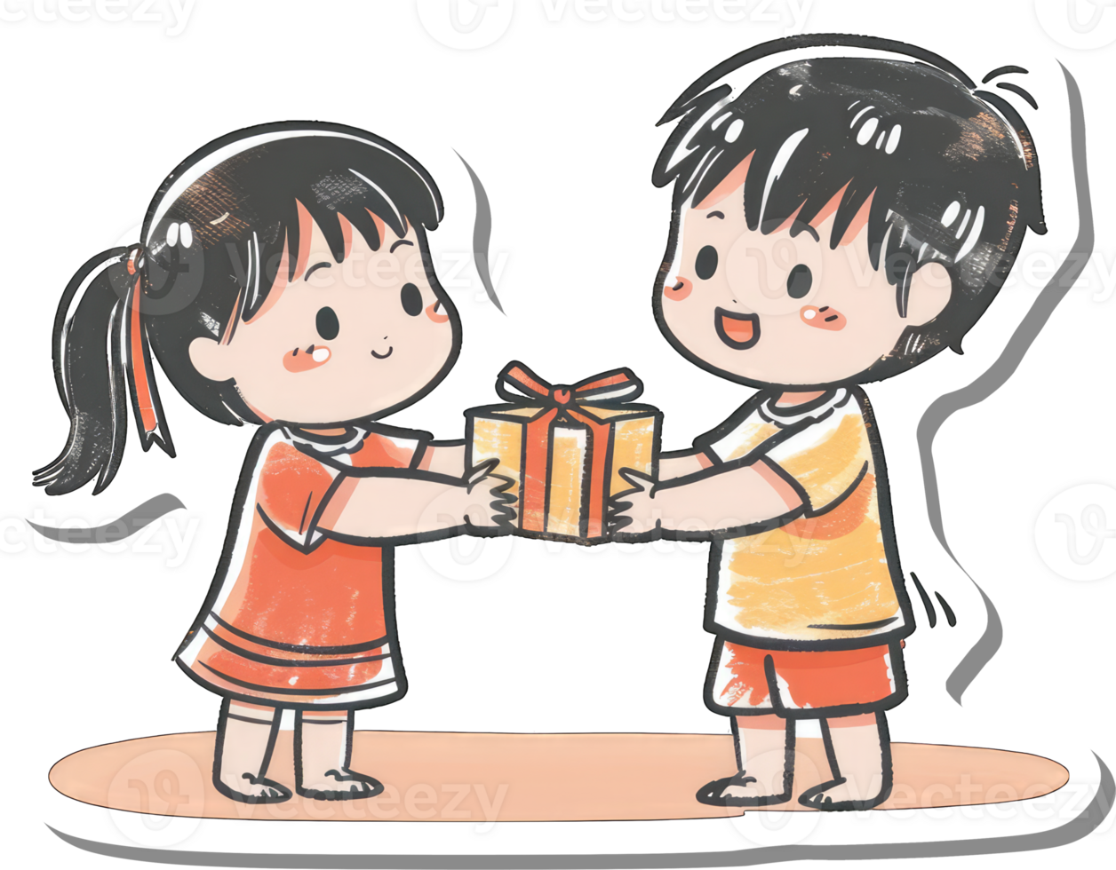 Boy and girl exchange a gift cheerfully png