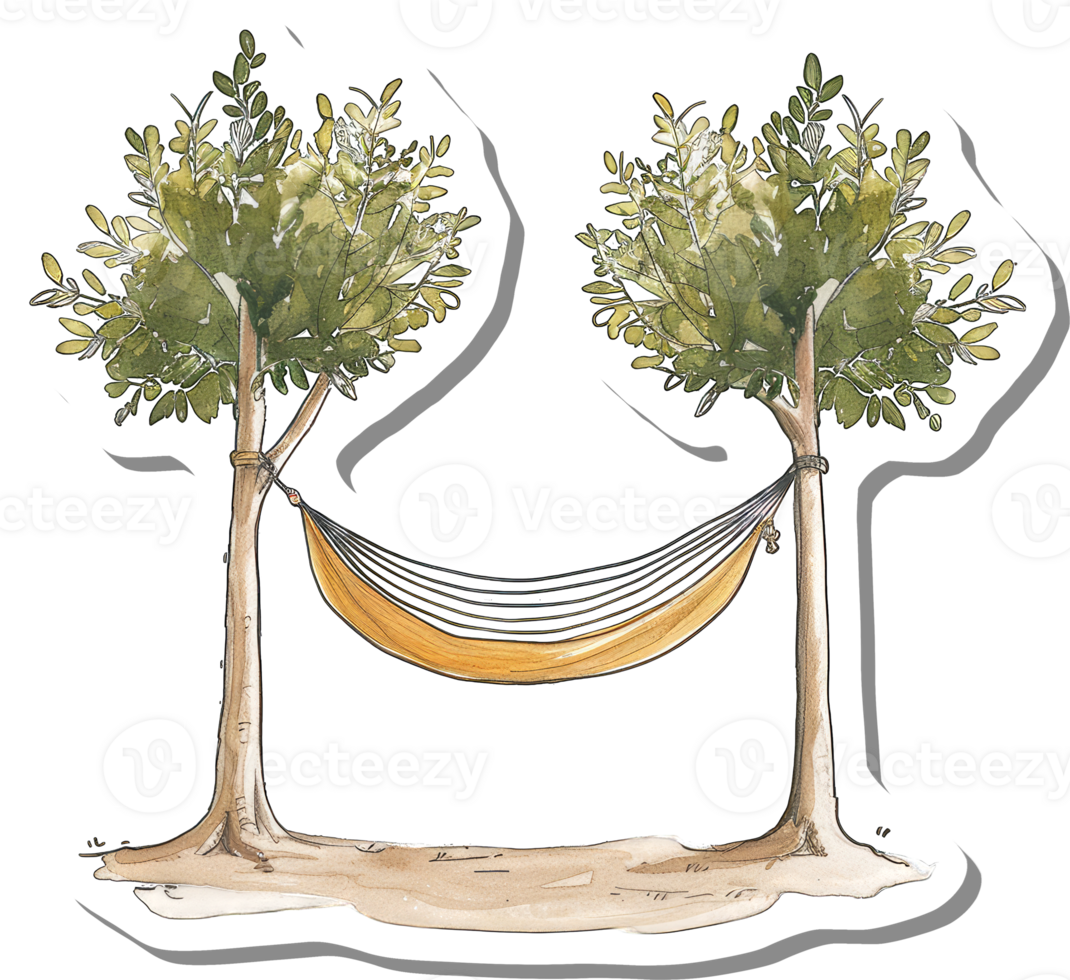 Hammock strung between two leafy trees resting png