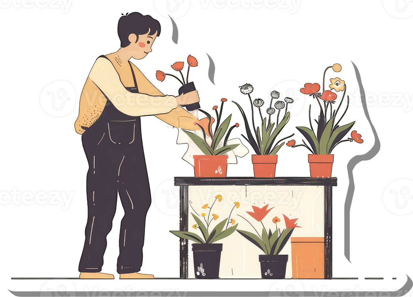 Person tending potted plants on a shelf png