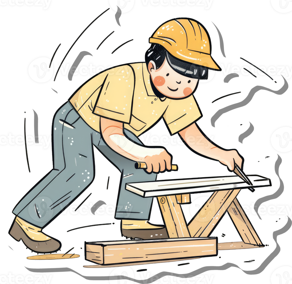 A Young Carpenter Carefully Works on Wood png