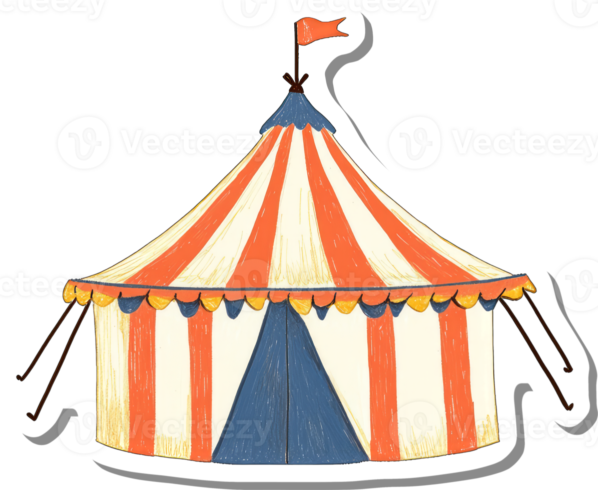 A whimsical striped circus tent with a flag png
