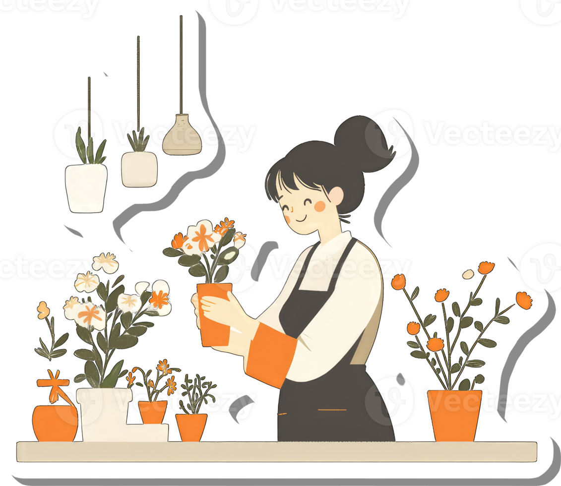 A happy florist tending to colorful potted flowers png