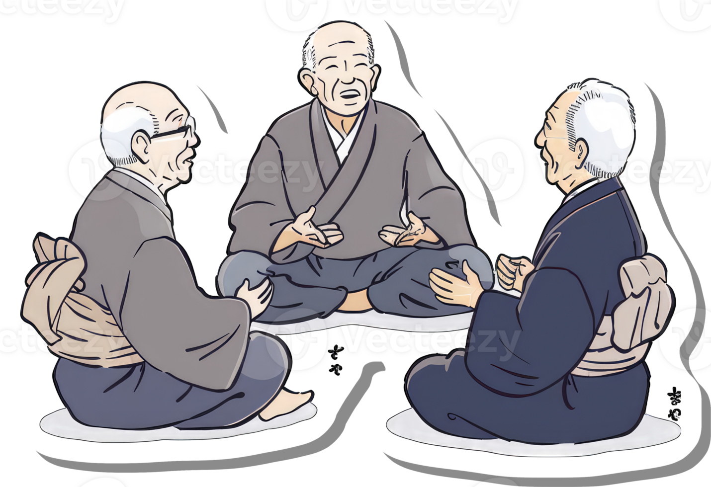 Three Elderly Men in Kimonos Engage in Conversation png
