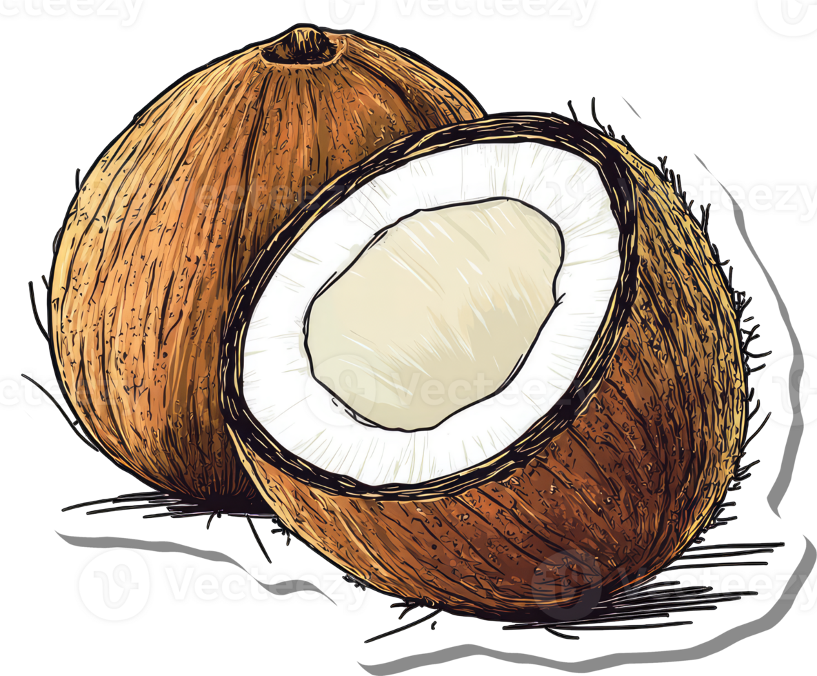 A whole coconut and a halved coconut displayed together png