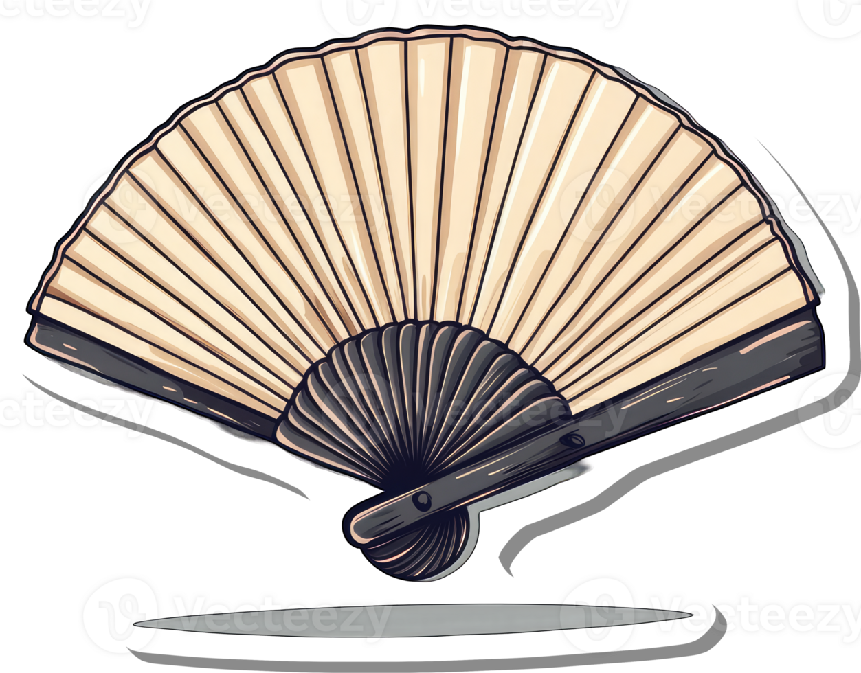 A beige hand fan with dark accents is shown png