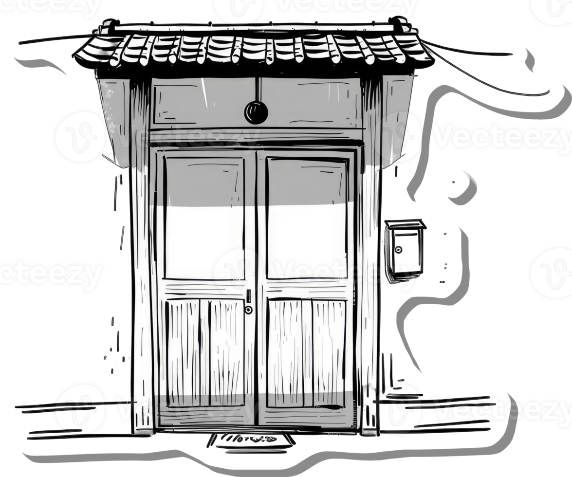 Sketch of a Wooden Doorway with a Gable Roof png