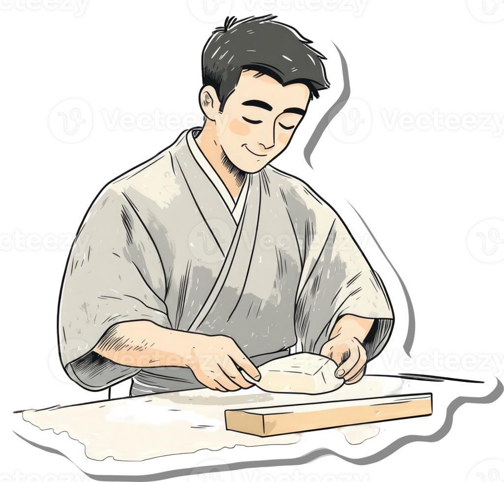 Man in Kimono Preparing Traditional Japanese Food png