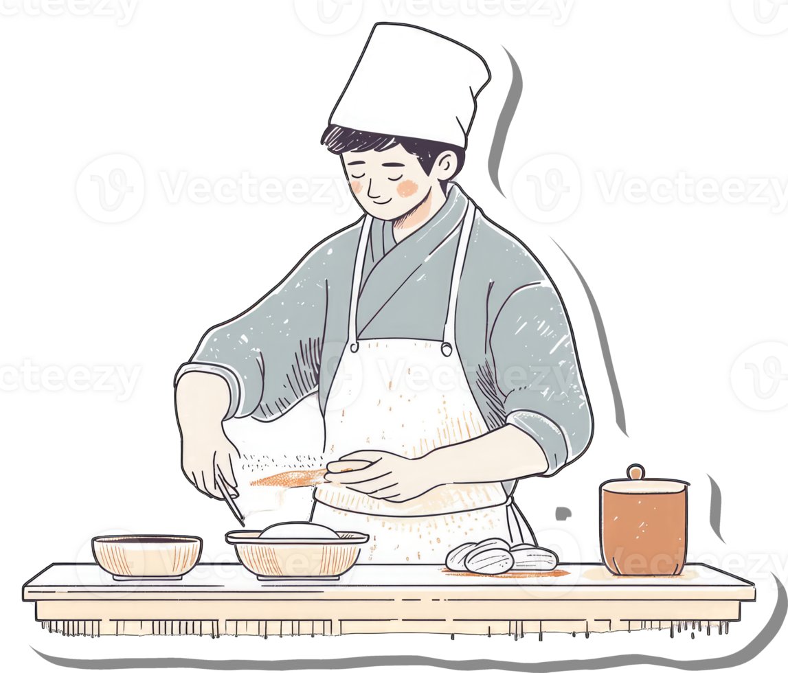 A baker prepares dough in a kitchen setting png