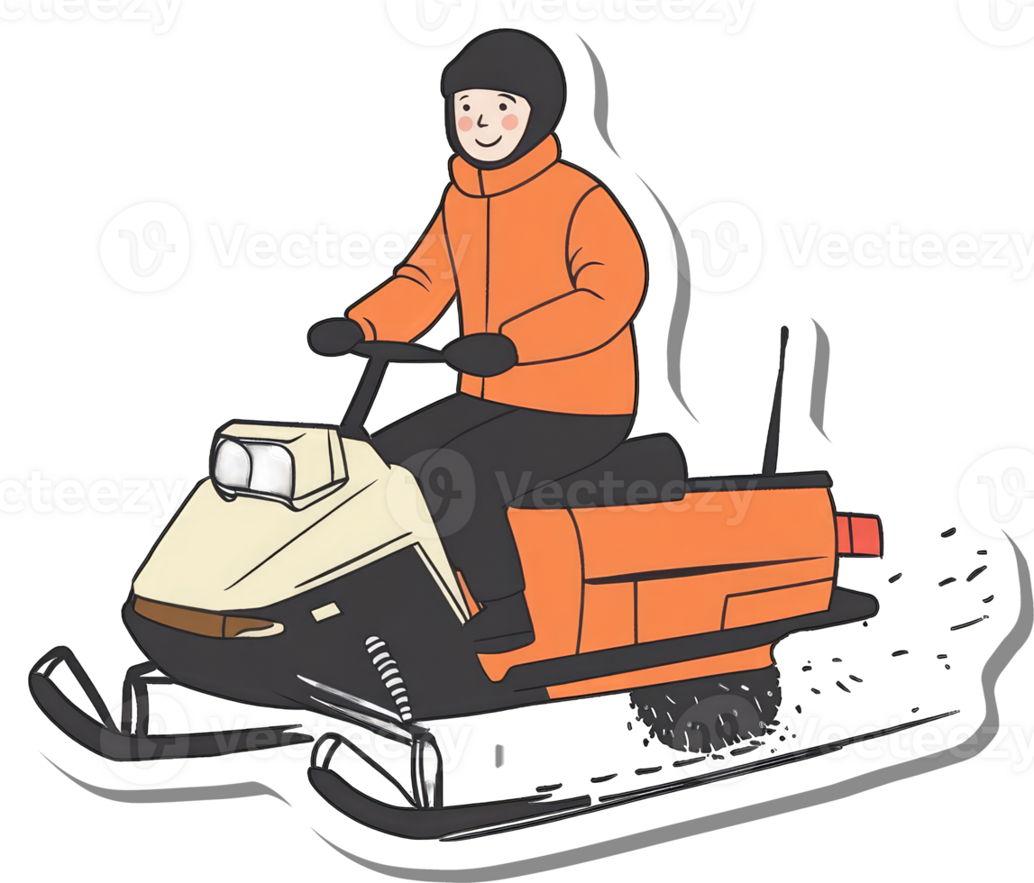 Happy Person Riding an Orange Snowmobile in Winter png