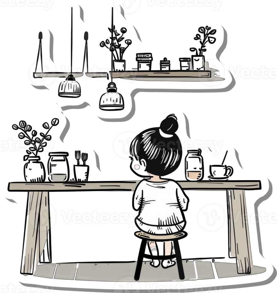 Girl Sitting at a Table with Plants and Lights png