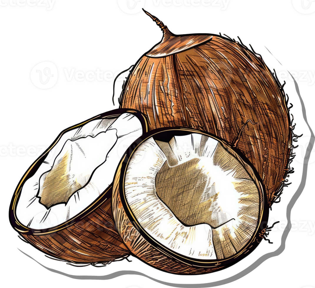 A whole coconut and two halves showcasing its interior png