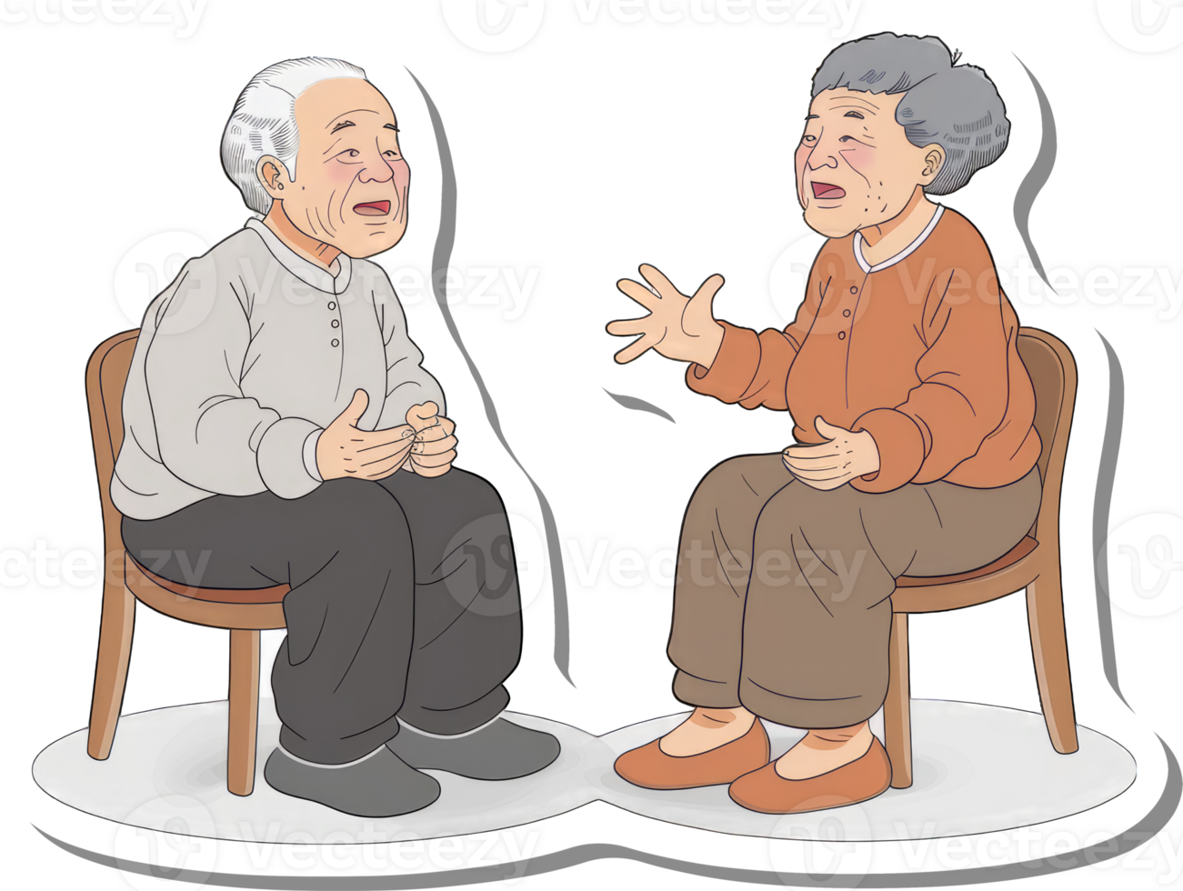 Elderly Couple Sitting Chairs Engaging Conversation png