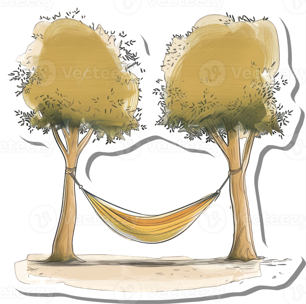 Hammock strung between two leafy trees in a peaceful scene png