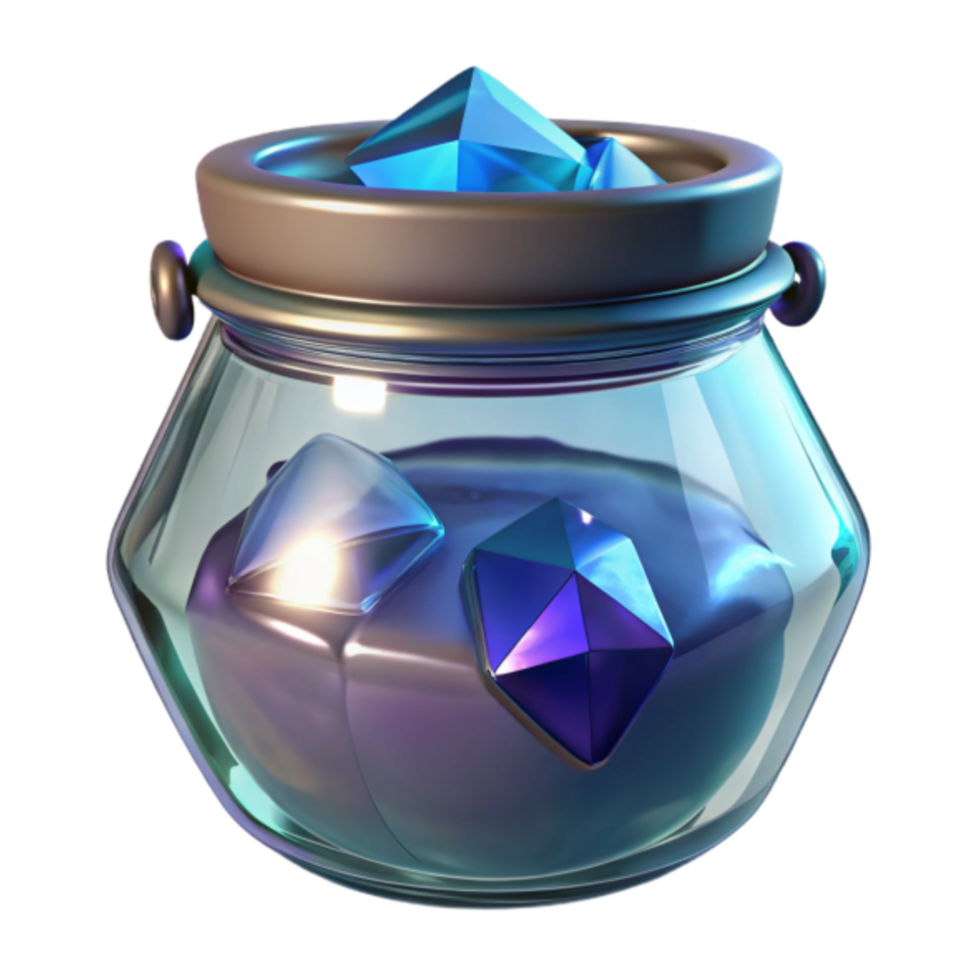 3D Render Glass Jar with Sparkling Gems, Iridescent Crystals, Magical Potion, Fantasy Treasure png