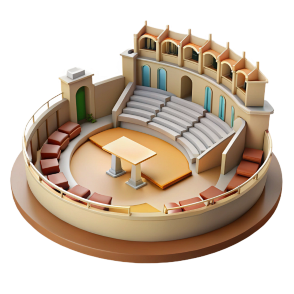 3D Model of an Ancient Amphitheater Architectural Design, Stone Seats, Stage, Circular Structure, Elevated View png